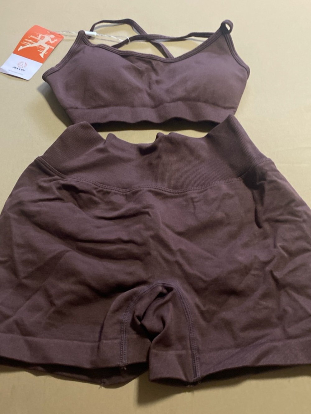 Seamless Strappy Bralette & High-Waist Shorts Set - Brown